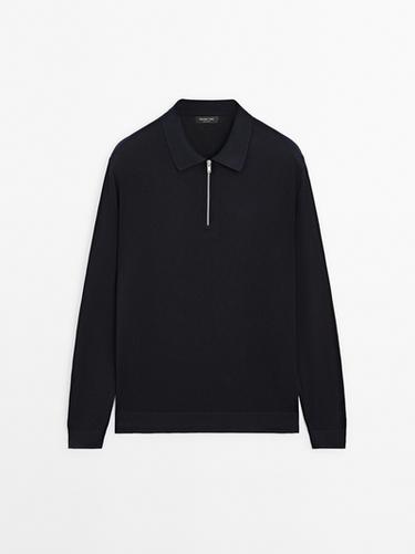Zara Knit polo sweater with zip - Navy blue
