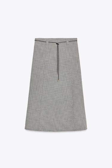 FALDA MIDI CON LINO - Arena / Negro de Zara