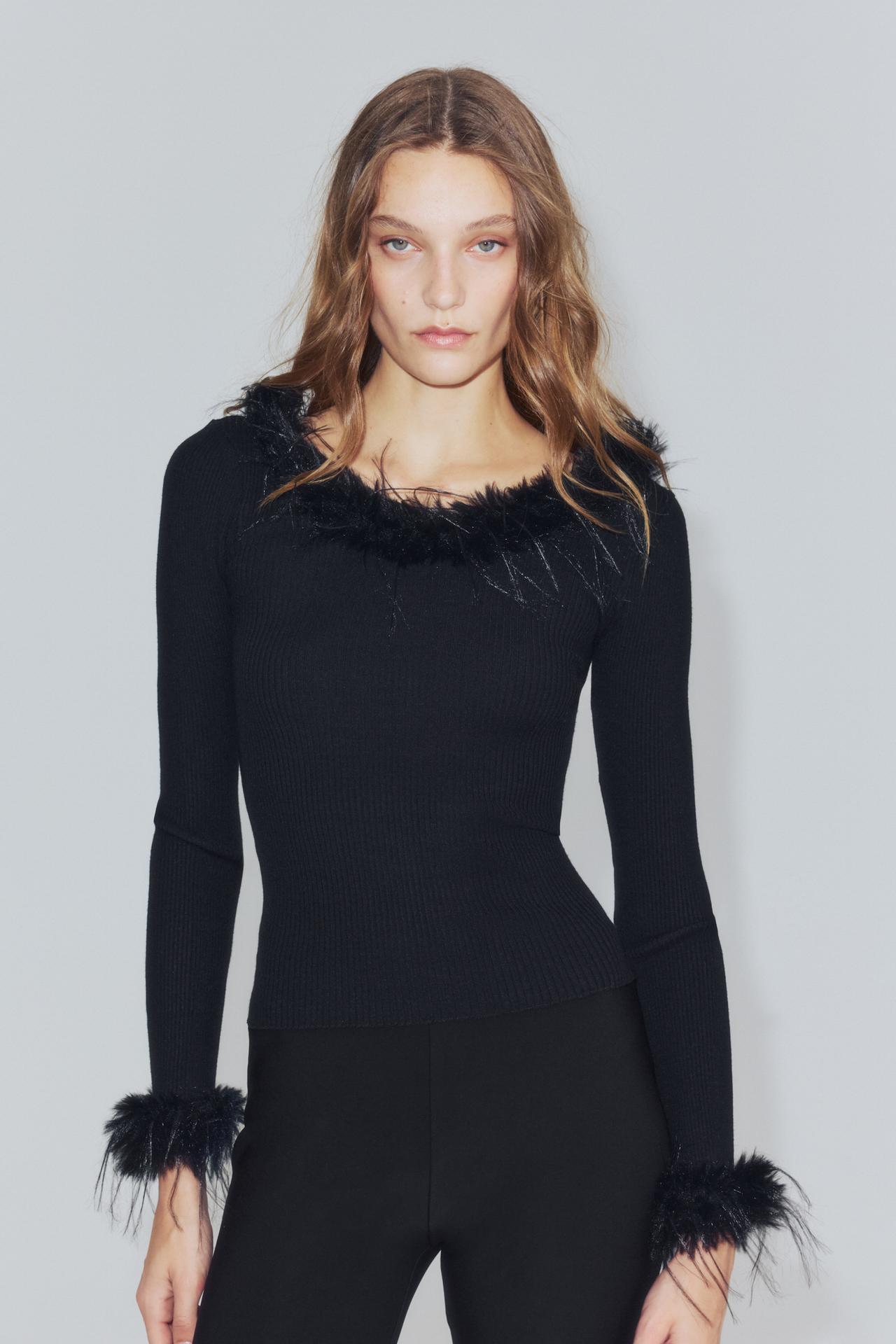 FAUX FUR COMBINED TOP — Black