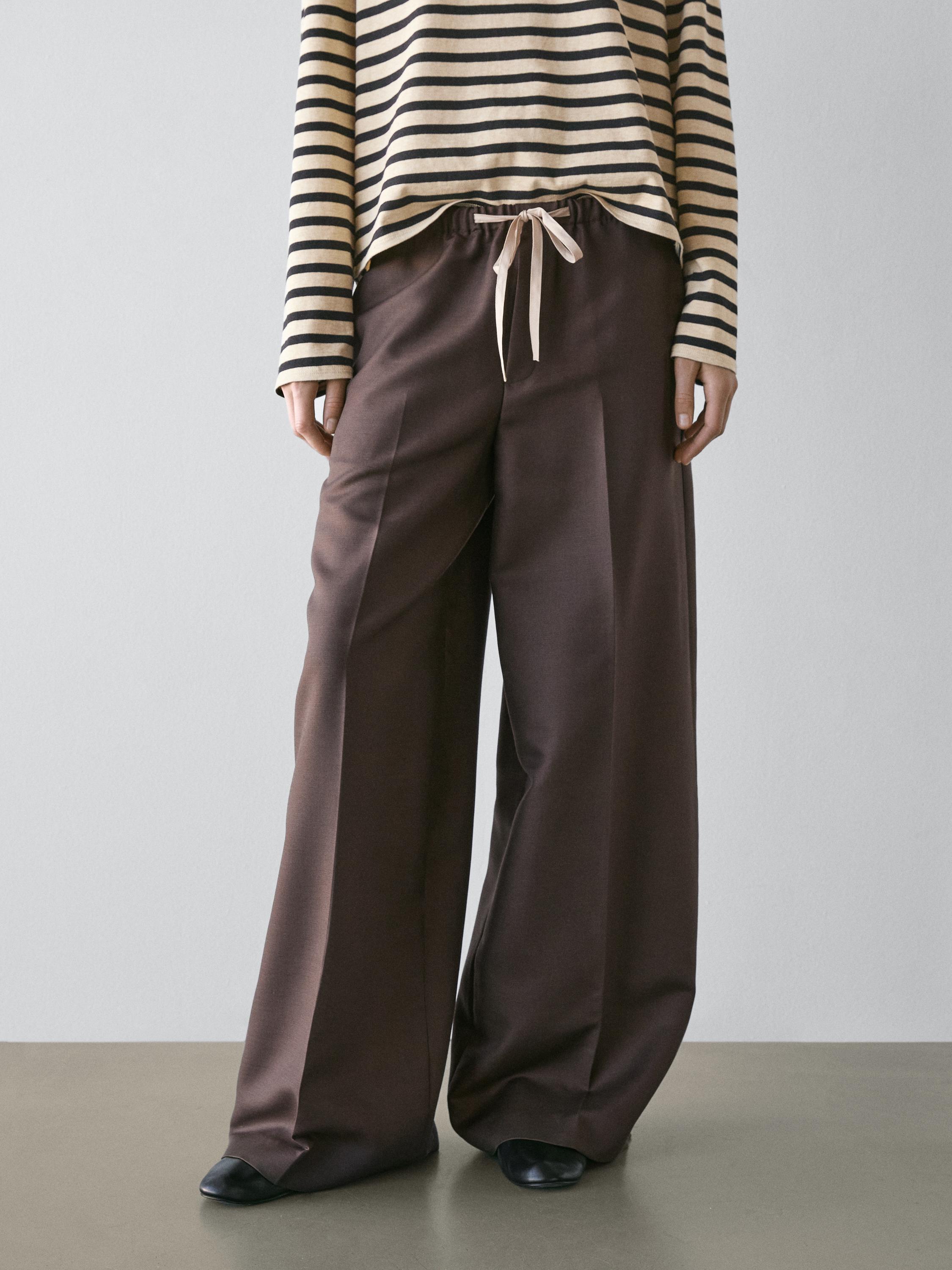 Wool blend contrast drawstring trousers — Brown