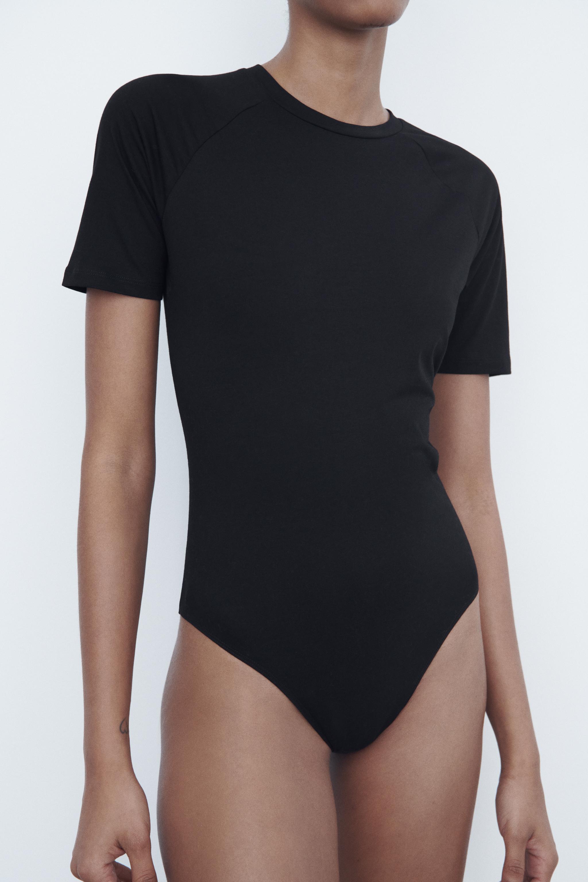 Women's Black Basic Short Sleeve Bodysuit