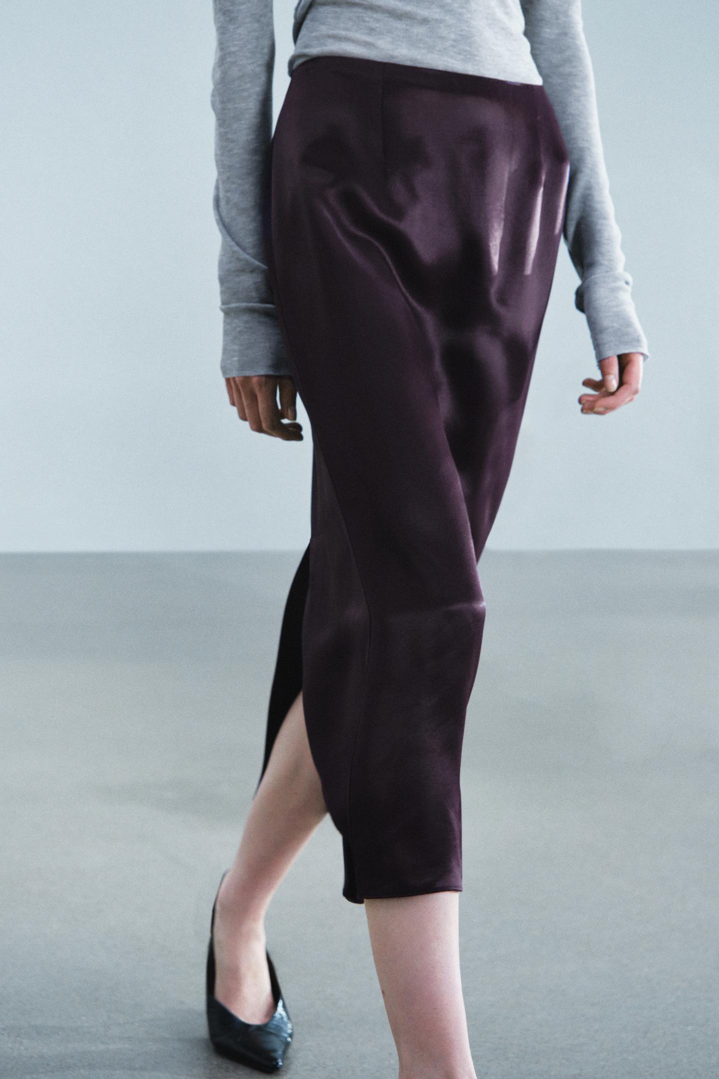 Женская юбка Zara ZW Collection Satin Straight, цвет: Бордовый — фото 2