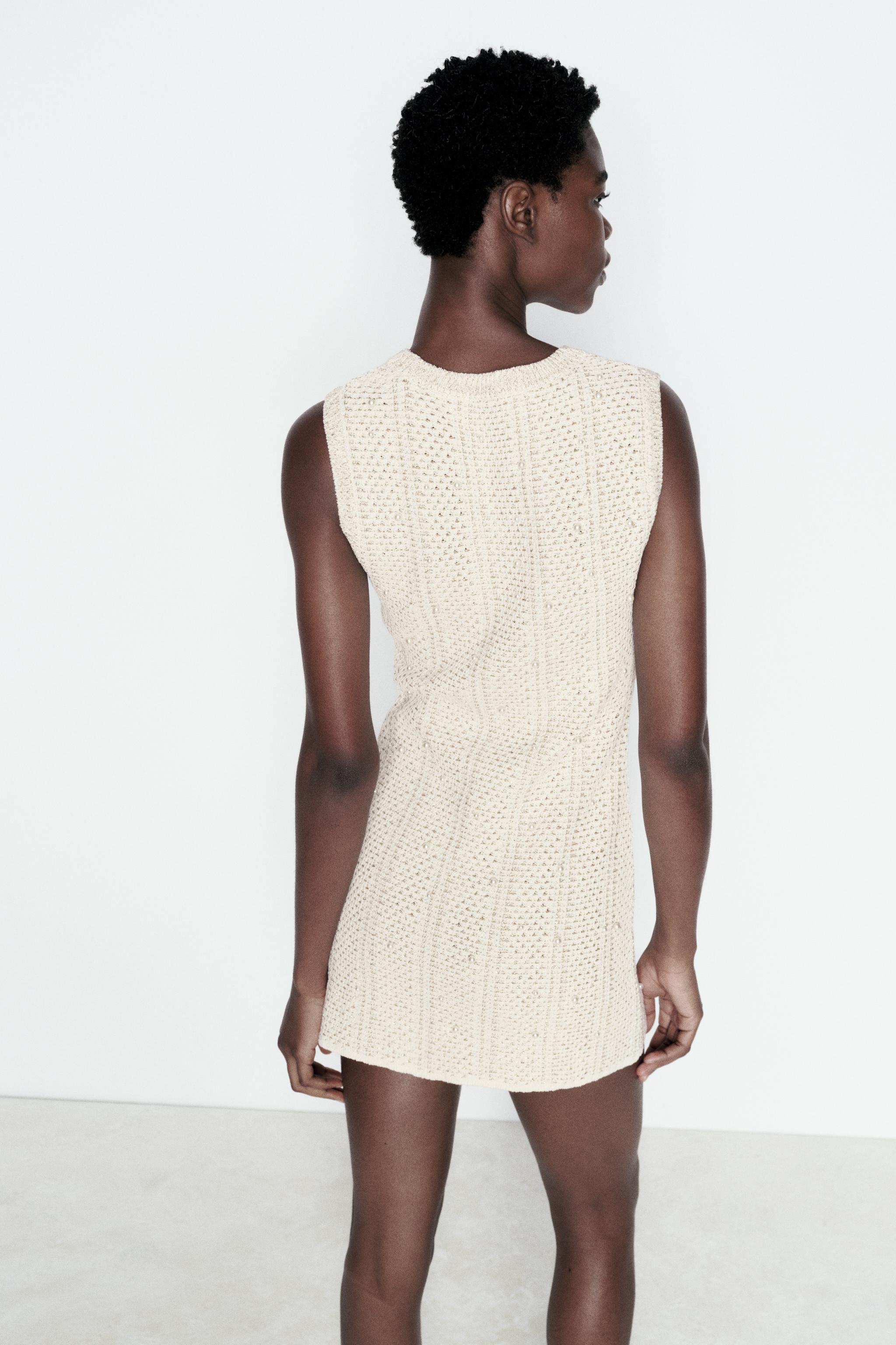 KNIT DRESS WITH FAUX PEARLS AND METALLIC THREAD - Ecru