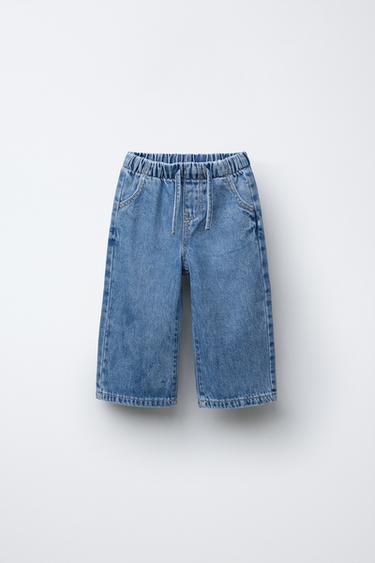 JEANS WIDE LEG برباط - أزرق وسط by Zara