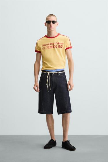 Zara CONTRAST RIB TEXT T-SHIRT - Yellow - Image 0