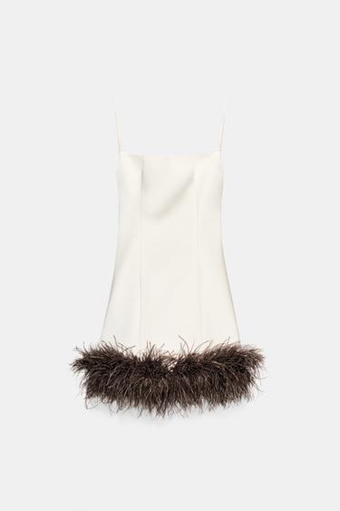 VESTIDO SATINADO PLUMAS - Hueso de Zara - Imagen 0