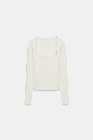 T-SHIRT CÔTELÉ DÉCOLLETÉ CARRÉ - Écru de Zara