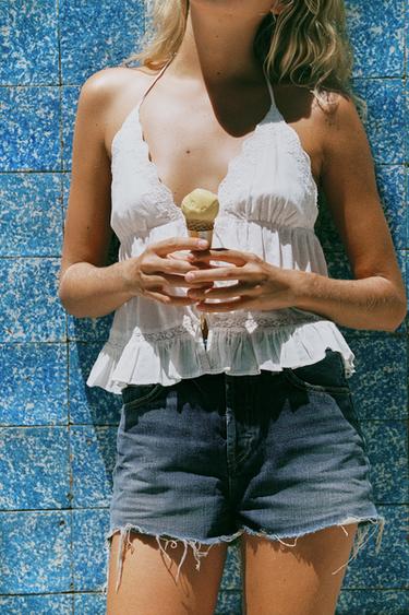 EMBROIDERED GAUZE HALTER TOP - White by Zara