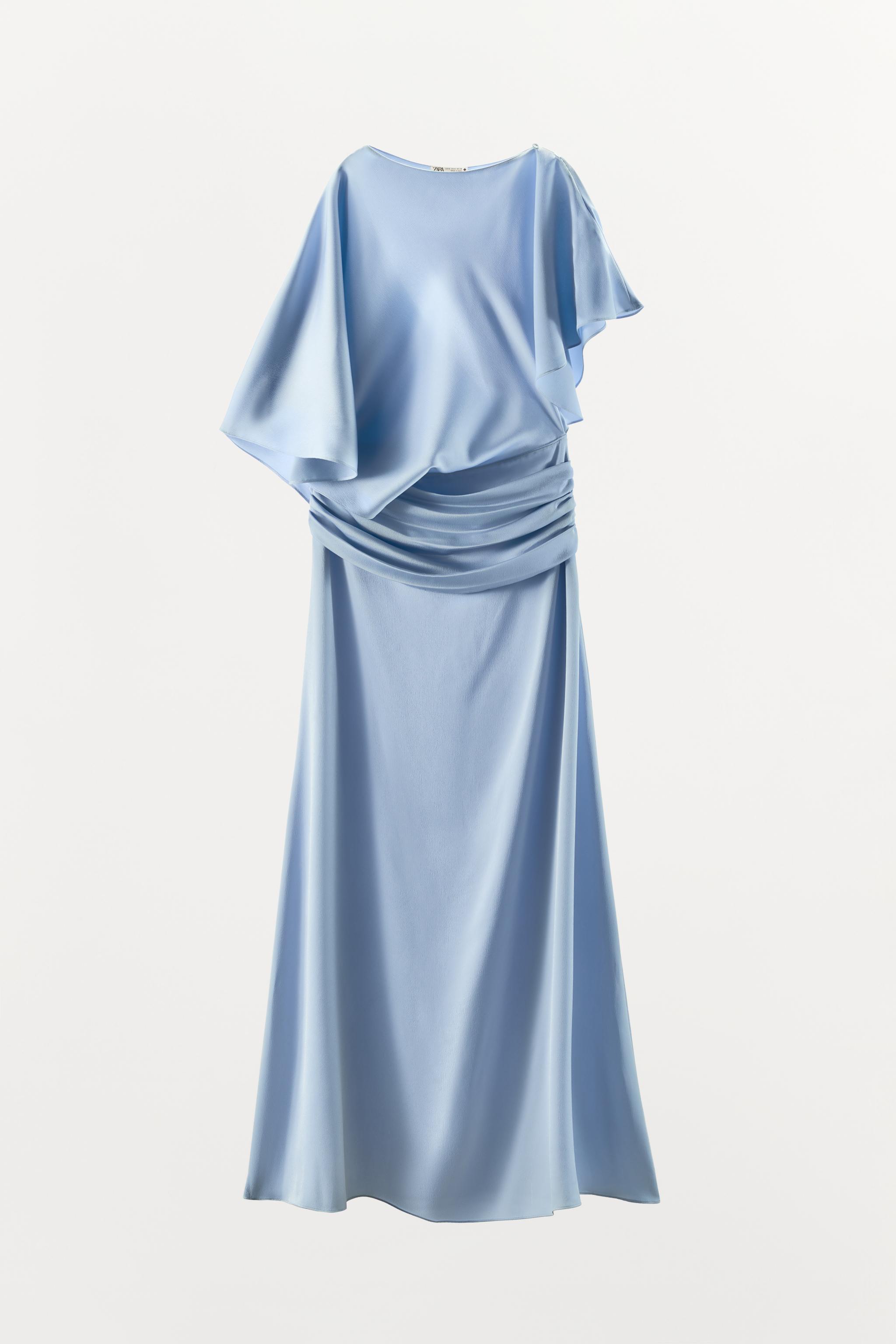 blue zara satin dress ASYMMETRIC CAPE EFFECT - Light Long Blue Sweet Advanced