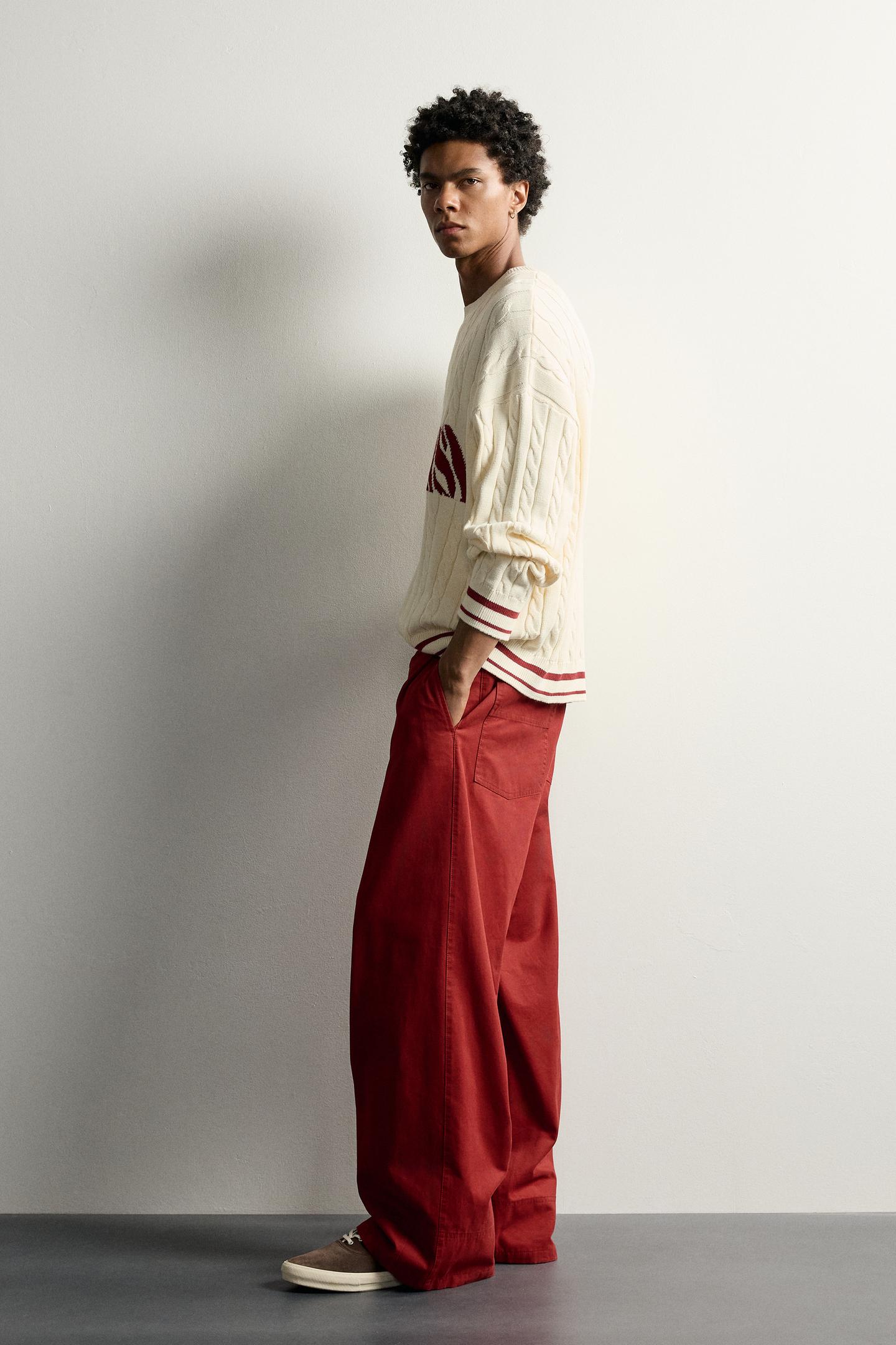 Мужской свитер Zara Cable Knit Sweater with Contrast Text, цвет: Устричный белый — фото 4