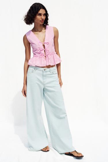 BLUSA ÀS RISCAS COM LAÇOS - Rosa / Branco da Zara - Imagem 0