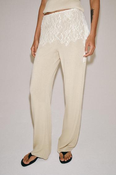Zara RIBBED LACE PANTS - Chalk pink