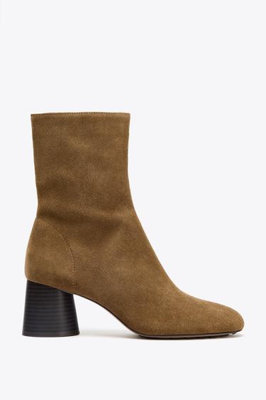 SPLIT SUEDE BLOCK HEEL ANKLE BOOTS - Sand Brown by Zara
