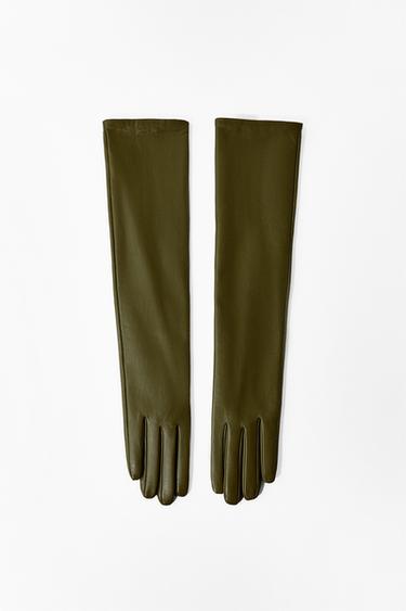 Zara 100% LEATHER LONG GLOVES - Green