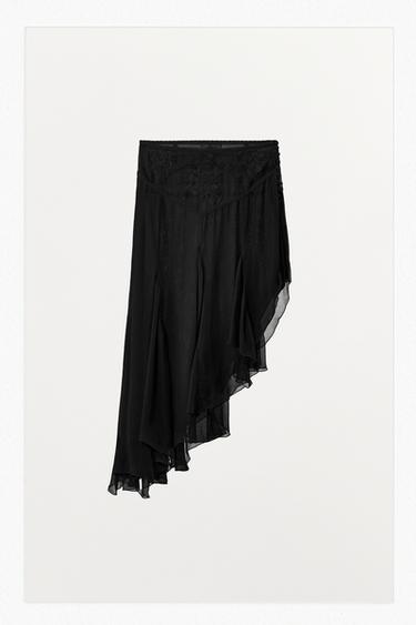 FALDA GASA ASIMÉTRICA BORDADOS - Negro de Zara