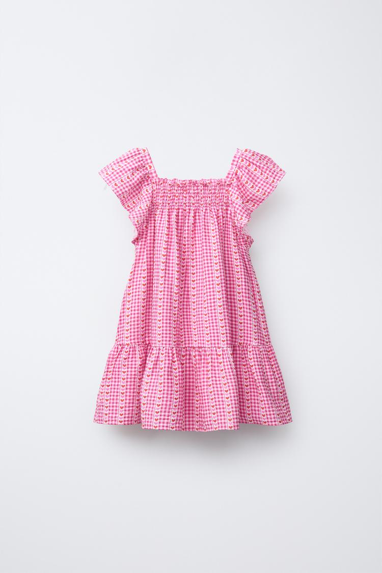 VESTIDO ESTAMPADO CUADROS Y CORAZONES Rosa ZARA Chile - Main Image