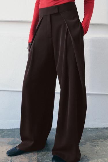Zara ZW COLLECTION FLOWY PLEATED PANTS - Brown