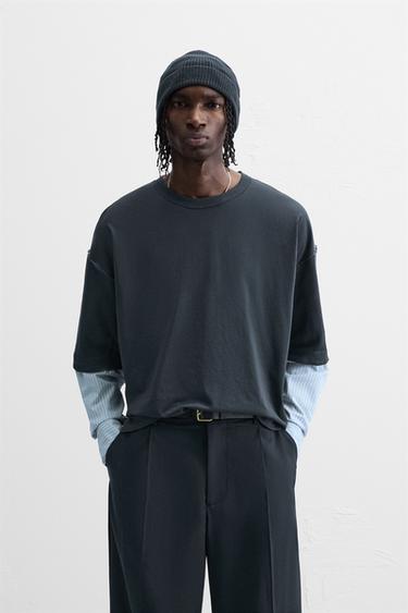 ФУТБОЛКА С КОНТРАСТНЫМИ РУКАВАМИ — МОРСКОЙ СИНИЙ от Zara — изображение 0