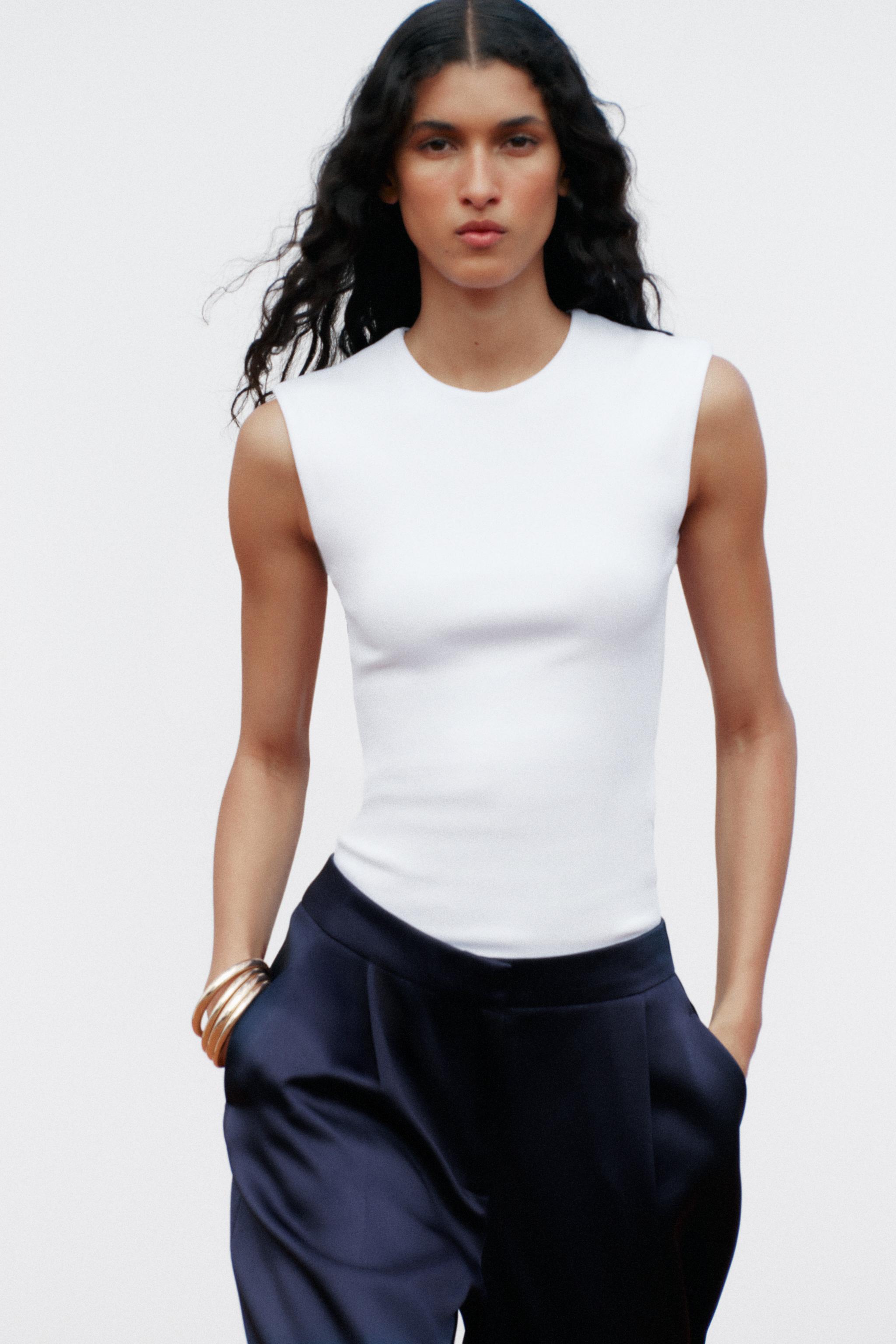 スペイン発送 ZARA コントラストプリントニットタンクトップ ZARA ザラ コントラストプリント ニットTシャツ Mサイズ 完売品