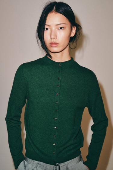 CHAQUETA 100% CASHMERE CUELLO PERKINS - Verde de Zara