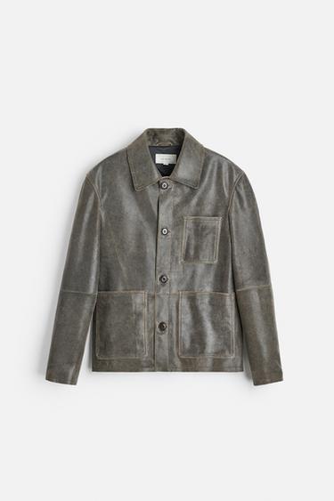 CAZADORA PIEL EFECTO CRAQUELADO - Marrón oscuro de Zara