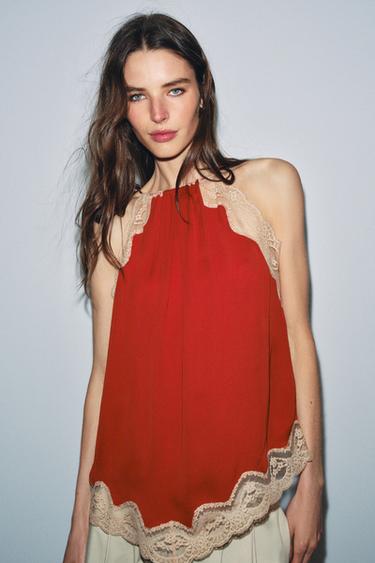 ZW COLLECTION LACE HALTER TOP - dark russet by Zara - Image 1