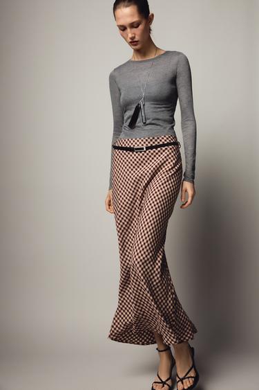 FALDA MIDI CUADRO VICHY - Burgundy de Zara