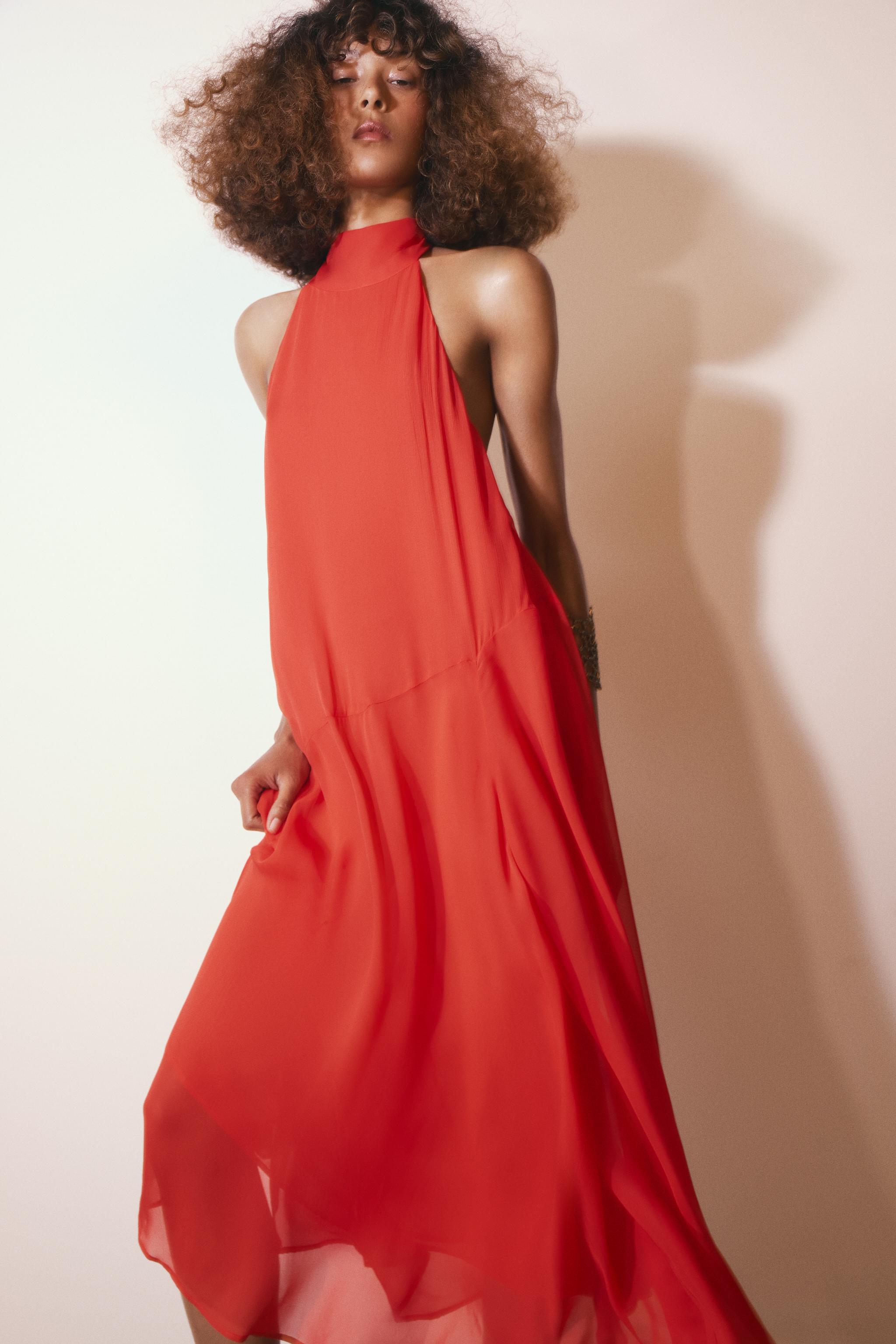 VESTIDO HALTER ZW COLLECTION Coral fuerte ZARA Chile