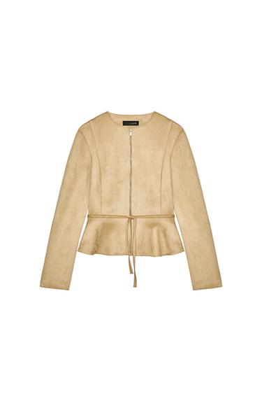 Front view of beige jacket with zip and adjustable belt.