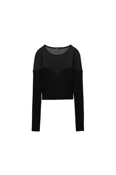 RIBBED TULLE CROP TOP