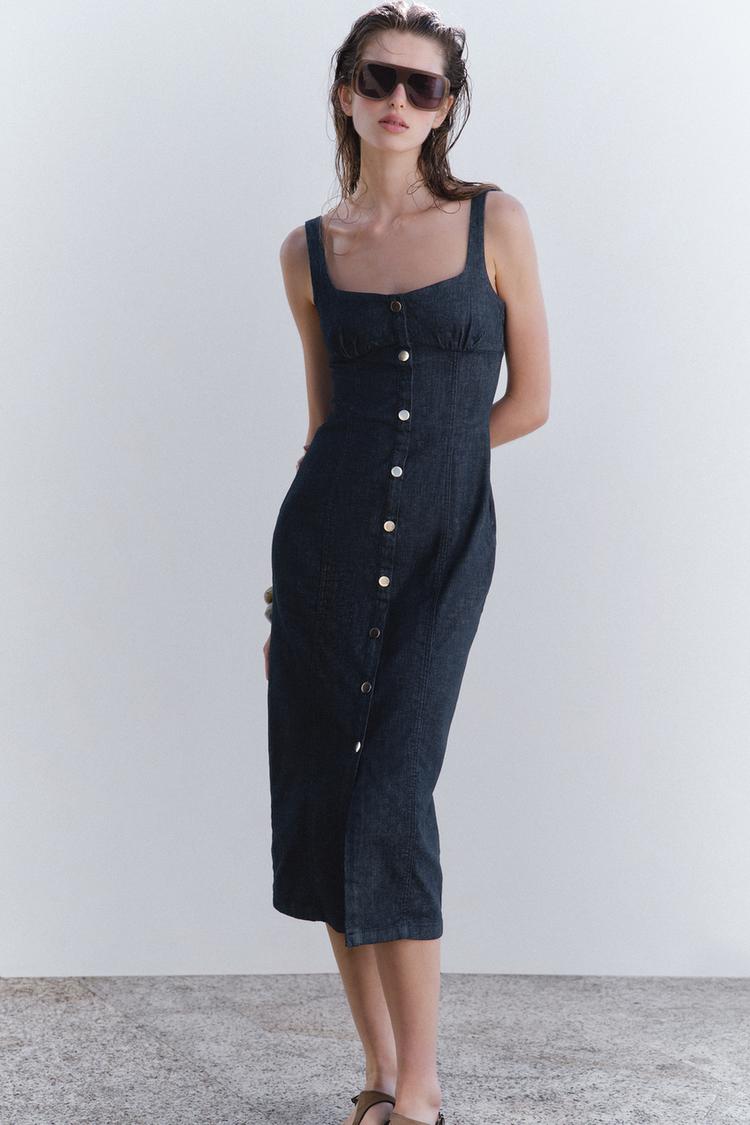 strappy denim midi dress AFTER HOURS RHINESTONE MIDI DRESS IN LIGHT BLUE DENIM AKIRA