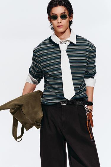 Zara 撞色領帶條紋襯衫 - 裸色