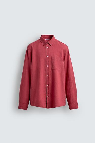РУБАШКА REGULAR FIT ИЗ ЛЬНА И ХЛОПКА — КОРАЛЛОВЫЙ от Zara