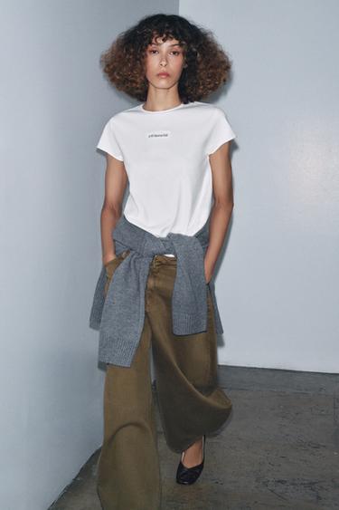 EMBROIDERED SLOGAN T-SHIRT - Oyster-white by Zara