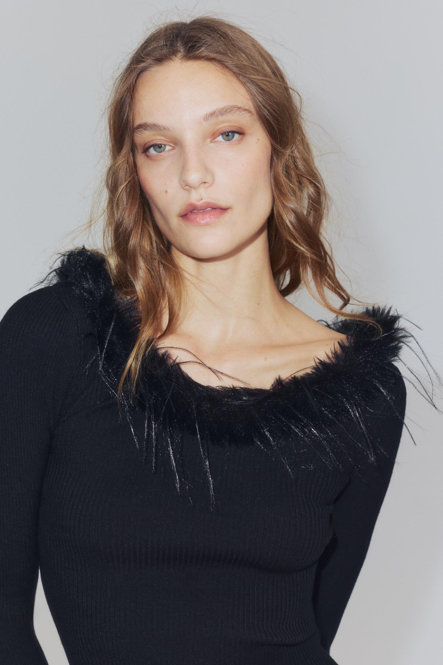 Женский топ Zara Faux Fur Combined, цвет: Чёрный — фото 4