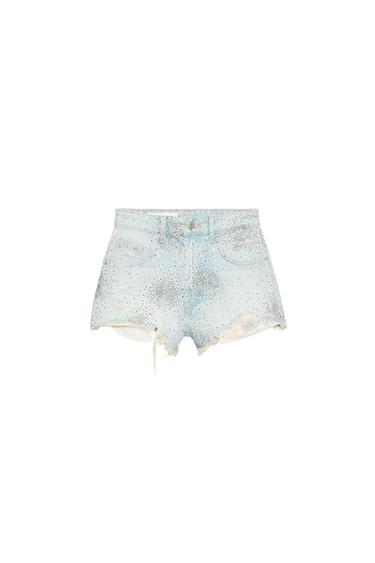 SHORT EN DENIM TAILLE HAUTE DÉCHIRÉ À BRILLANTS - Bleu clair de Zara