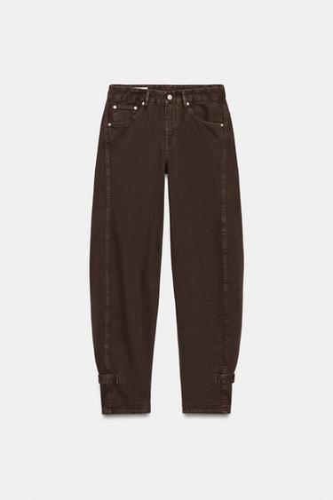 JEANS TRF BALLOON بحلقة تثبيت وخصر متوسط - بني الخاص بـ Zara