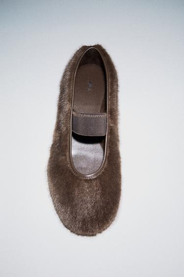 Zara FUR BALLET FLATS - Chocolate Brown