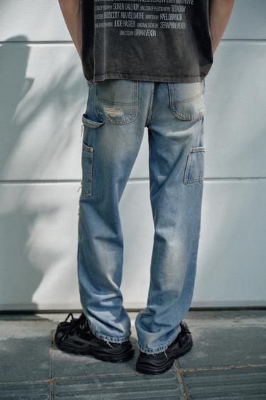 RIPPED STRAIGHT-LEG CARPENTER JEANS - Blue by Zara