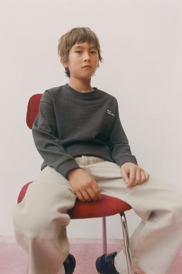 تيشرت HEAVY WEIGHT بكتابة مطرّزة - رمادي أنثراسايت by Zara