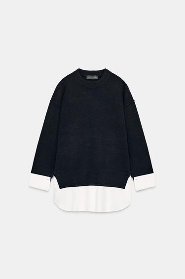 JUMPER WITH CONTRAST POPLIN - Navy / White by Zara