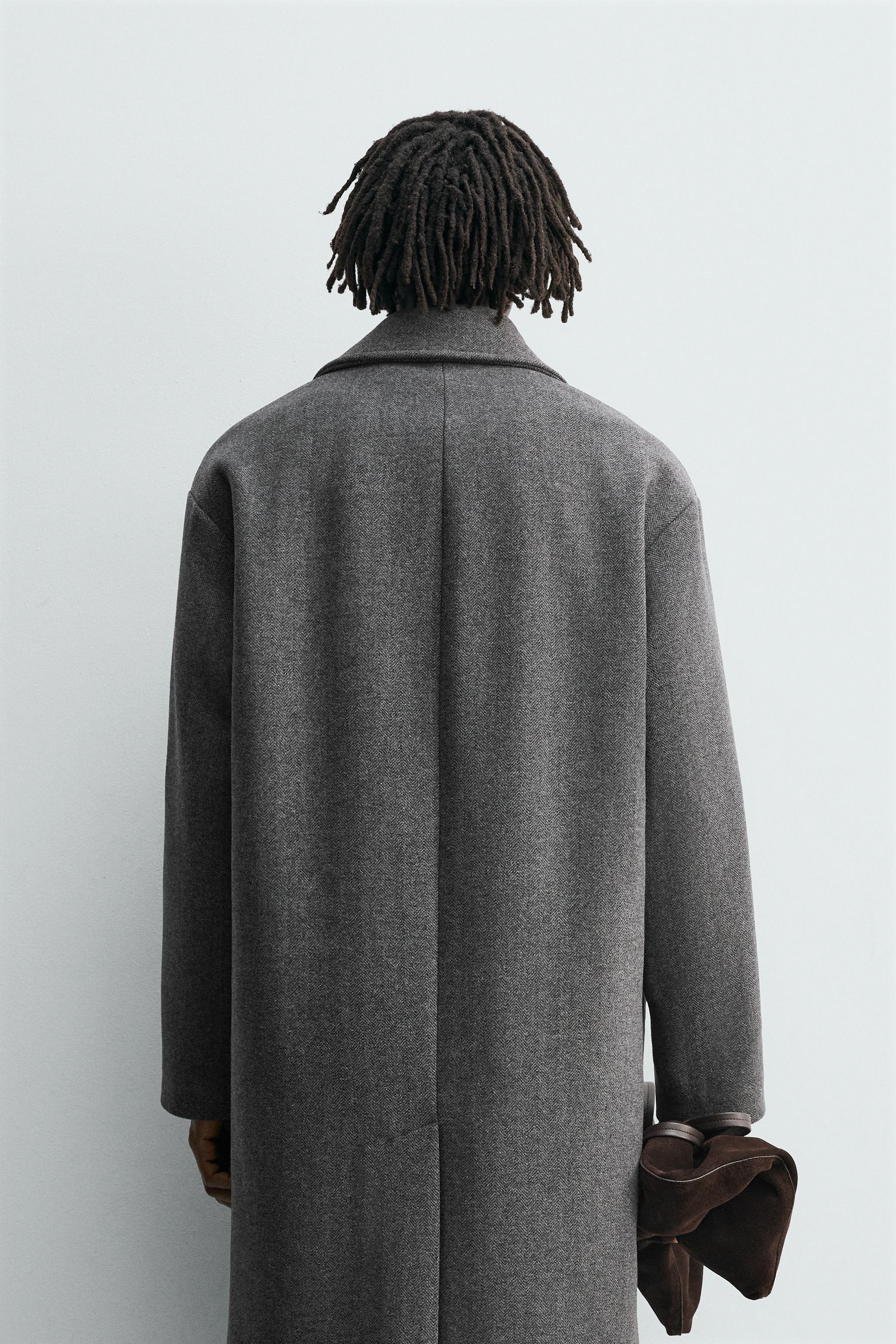 【美品】ZARA　ヘリンボーン柄ドロップショルダーコート ヘリンボーン フェイクファー襟付きコート - ブラック/エクリュ