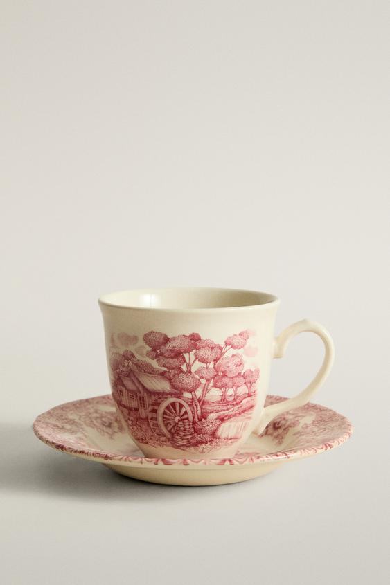 TEETASSE MIT UNTERTASSE AUS STEINGUT – BLUMEN UND LANDSCHAFT - Weinrot von Zara - Bild 0
