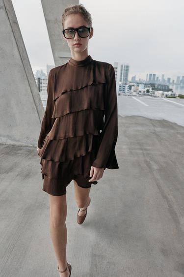 SHORT SATIN DRESS WITH RUFFLES - Brown by Zara