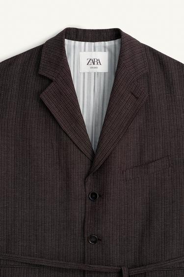 VESTE DE COSTUME À RAYURES VISCOSE - LIN - Marron foncé de Zara - Image 8