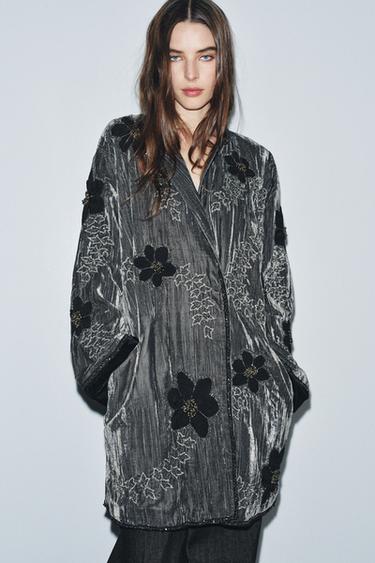 Zara EMBROIDERED VELVET KIMONO ZW COLLECTION LIMITED EDITION - Gray