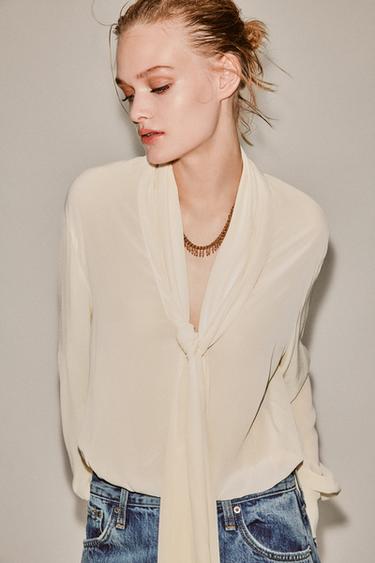 Zara SEMI-SHEER TIED SHIRT - Mid-ecru