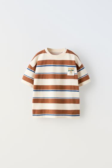 Zara STRIPED T-SHIRT WITH LABEL - Brown - Image 0