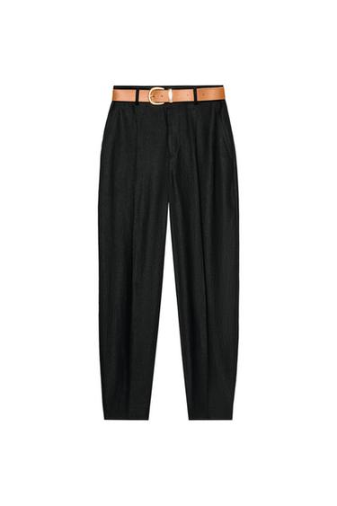 LINEN BLEND CROPPED TROUSERS WITH BELT AND DARTS - Black by Zara