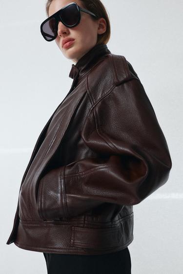 CHAQUETA BOMBER PIEL 100% ZW COLLECTION LIMITED EDITION - Granate de Zara